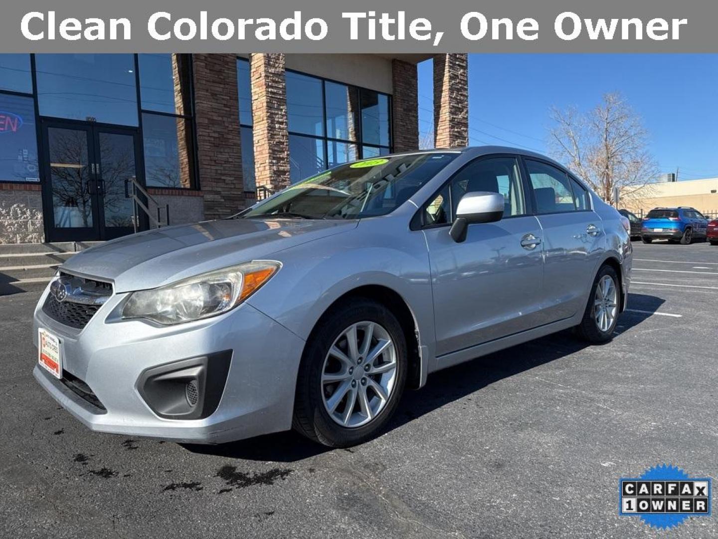 2013 Ice Silver Metallic /Black Subaru Impreza 2.0i Premium (JF1GJAC60DH) with an 2.0L 4-Cylinder SMPI DOHC 16V engine, CVT transmission, located at 10890 W. Colfax Ave., Lakewood, CO, 80215, (303) 274-7692, 39.739914, -105.120132 - 2013 Subaru Impreza CARFAX One-Owner. AWD<br><br>D1 Auto NEVER charges dealer fees! All cars have clean titles and have been inspected for mechanical issues. We have financing for everyone. Good credit, bad credit, first time buyers.<br>Clean CARFAX.<br>Please call Lakewood Location 303-274-7692 or - Photo#0