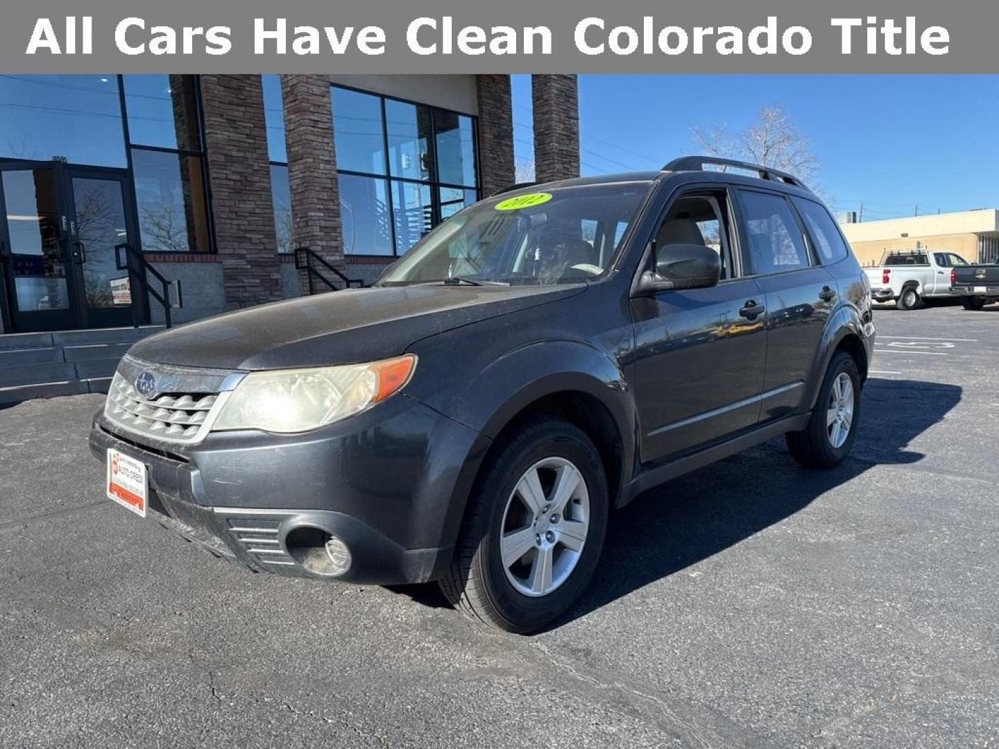 2012 Dark Gray Metallic /Platinum Subaru Forester 2.5X (JF2SHBBC1CH) with an 2.5L 4-Cylinder DOHC 16V VVT engine, Automatic transmission, located at 10890 W. Colfax Ave., Lakewood, CO, 80215, (303) 274-7692, 39.739914, -105.120132 - 2012 Subaru Forester AWD All Cars Have Clean Titles And Are Serviced Before Sale., Non Smoker, No Pet Odor Or Hair, Forester 2.5X, AWD.<br><br>D1 Auto NEVER charges dealer fees! All cars have clean titles and have been inspected for mechanical issues. We have financing for everyone. Good credit, bad - Photo#0