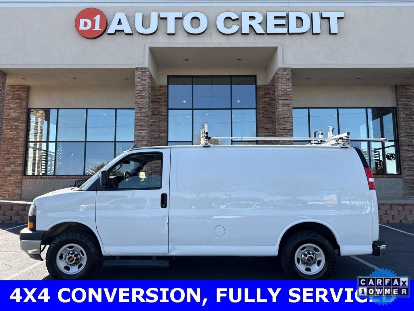 2019 Summit White /Medium Pewter GMC Savana 2500 Work Van (1GTW7AFG1K1) with an Vortec 6.0L V8 SFI Flex Fuel engine, Automatic transmission, located at 10890 W. Colfax Ave., Lakewood, CO, 80215, (303) 274-7692, 39.739914, -105.120132 - 4x4 Conversion and 6.0L Engine. Loaded up with storage bins, ladder racks and ready to go to work. Fully serviced with no mechanical issues.<br>In House Financing Available.<br><br>All Cars Have Clean Titles And Are Serviced Before Sale., Backup Camera, Savana 2500 Work Van 4x4 Conversion, Vortec 6 - Photo#0