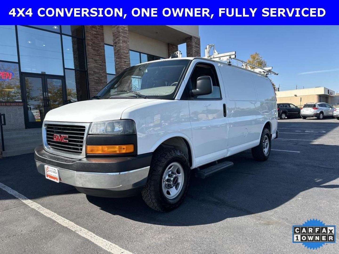 2019 Summit White /Medium Pewter GMC Savana 2500 Work Van (1GTW7AFG1K1) with an Vortec 6.0L V8 SFI Flex Fuel engine, Automatic transmission, located at 10890 W. Colfax Ave., Lakewood, CO, 80215, (303) 274-7692, 39.739914, -105.120132 - 4x4 Conversion and 6.0L Engine. Loaded up with storage bins, ladder racks and ready to go to work. Fully serviced with no mechanical issues.<br>In House Financing Available.<br><br>All Cars Have Clean Titles And Are Serviced Before Sale., Backup Camera, Savana 2500 Work Van 4x4 Conversion, Vortec 6 - Photo#1