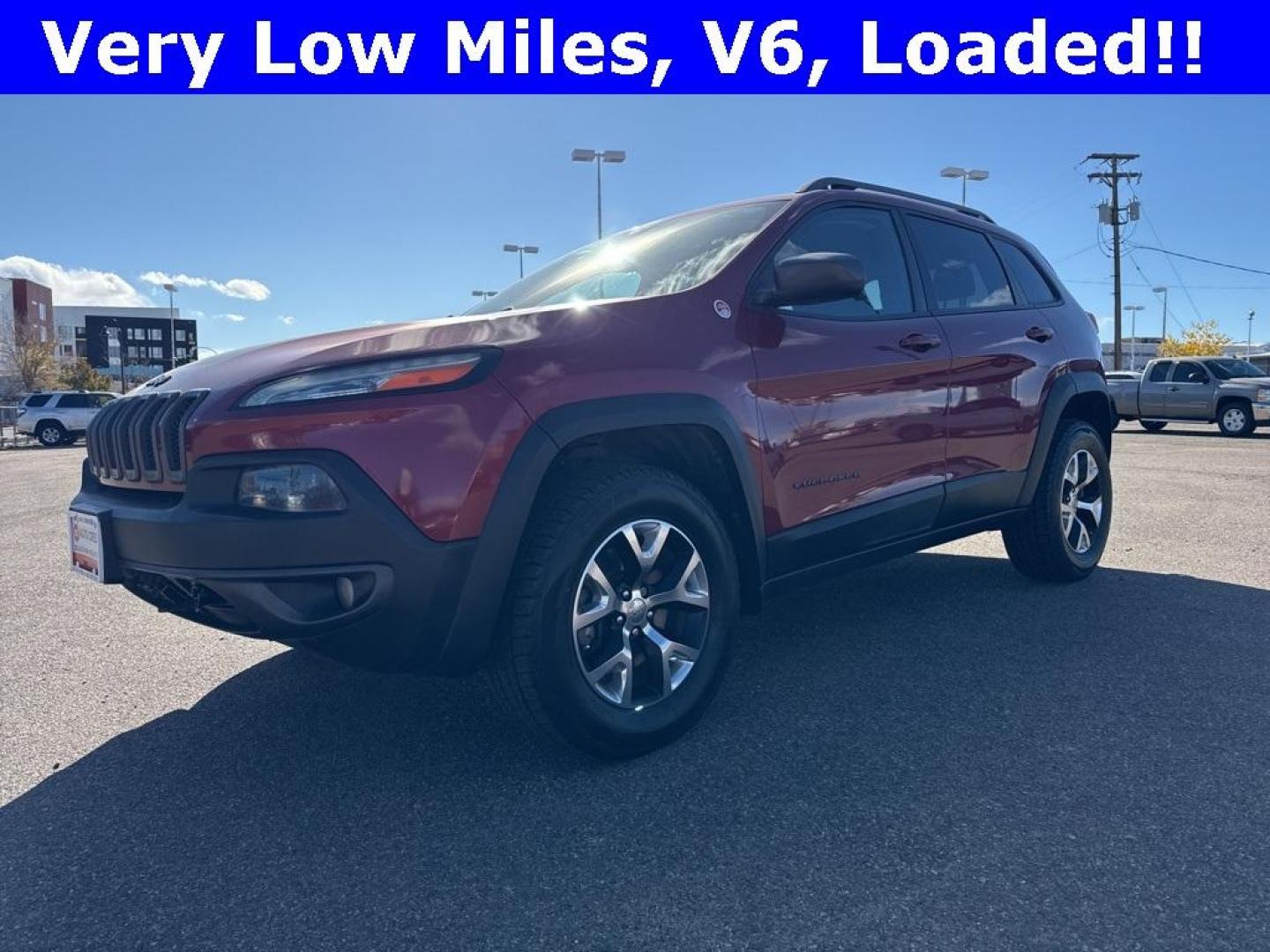 2014 Deep Cherry Red Crystal Pearlcoat /Black Jeep Cherokee Trailhawk (1C4PJMBS0EW) with an 3.2L V6 engine, Automatic transmission, located at 10890 W. Colfax Ave., Lakewood, CO, 80215, (303) 274-7692, 39.739914, -105.120132 - 2014 Jeep Cherokee with very low miles and in excellent condition inside and out. Loaded with the powerful V6 engine, panoramic sun roof, heated leather seats, heated steering wheel, navigation, backup camera and much more. Fully serviced in our shop. We offer a wide range of warranties. <br><br>All - Photo#0