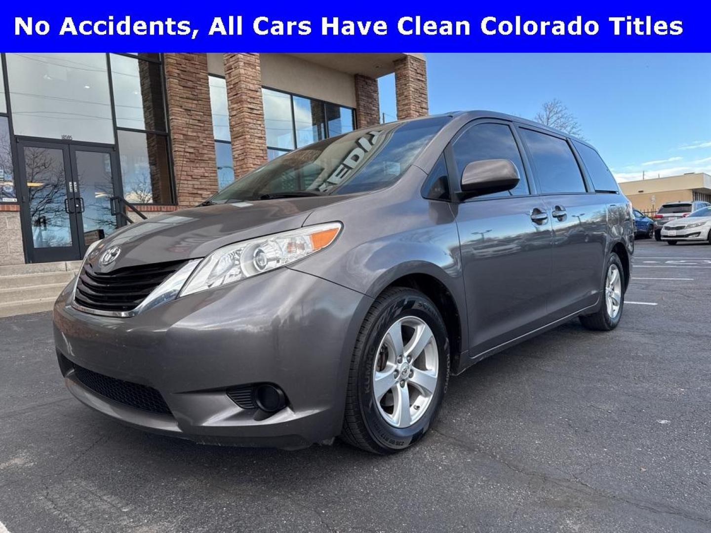 2014 Predawn Gray Mica /Light Gray Toyota Sienna LE (5TDKK3DCXES) with an 3.5L V6 SMPI DOHC engine, Automatic transmission, located at 10890 W. Colfax Ave., Lakewood, CO, 80215, (303) 274-7692, 39.739914, -105.120132 - 2014 Toyota Sienna FWD 8 Passenger<br><br>D1 Auto NEVER charges dealer fees! All cars have clean titles and have been inspected for mechanical issues. We have financing for everyone. Good credit, bad credit, first time buyers.<br>Clean CARFAX. Odometer is 7712 miles below market average!<br>Please c - Photo#0