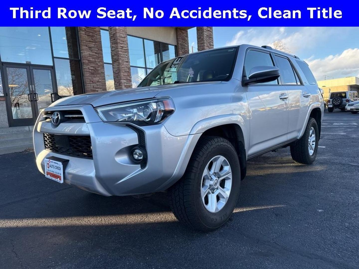 2021 Classic Silver Metallic /Gray Toyota 4Runner SR5 (JTEMU5JR1M5) with an 4.0L V6 SMPI DOHC engine, Automatic transmission, located at 10890 W. Colfax Ave., Lakewood, CO, 80215, (303) 274-7692, 39.739914, -105.120132 - 2021 Toyota 4Runner SR5 4WD With 3rd Row Seating!! No accidents and has a clean title. Well maintained and loaded with, Apple/ Android Carplay, backup camera, 3 rows of seating, power seat and more. <br><br> All Cars Have Clean Titles And Are Serviced Before Sale., Clean Carfax, No Accident, Apple/ - Photo#0
