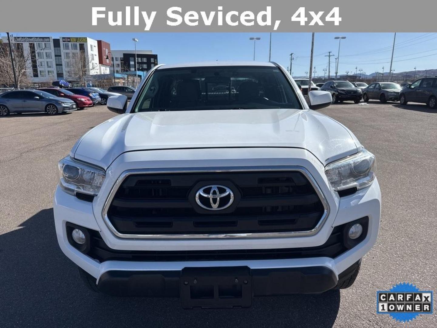 2016 Super White /Cement Gray Toyota Tacoma SR5 (5TFSZ5ANXGX) with an V6 engine, Automatic transmission, located at 10890 W. Colfax Ave., Lakewood, CO, 80215, (303) 274-7692, 39.739914, -105.120132 - 2016 Toyota Tacoma CARFAX One-Owner. 4WD All Cars Have Clean Titles And Are Serviced Before Sale., CarfaxOne Owner, Backup Camera, Non Smoker, No Pet Odor Or Hair, Tacoma SR5, V6, 4WD.<br><br>D1 Auto NEVER charges dealer fees! All cars have clean titles and have been inspected for mechanical issues. - Photo#1