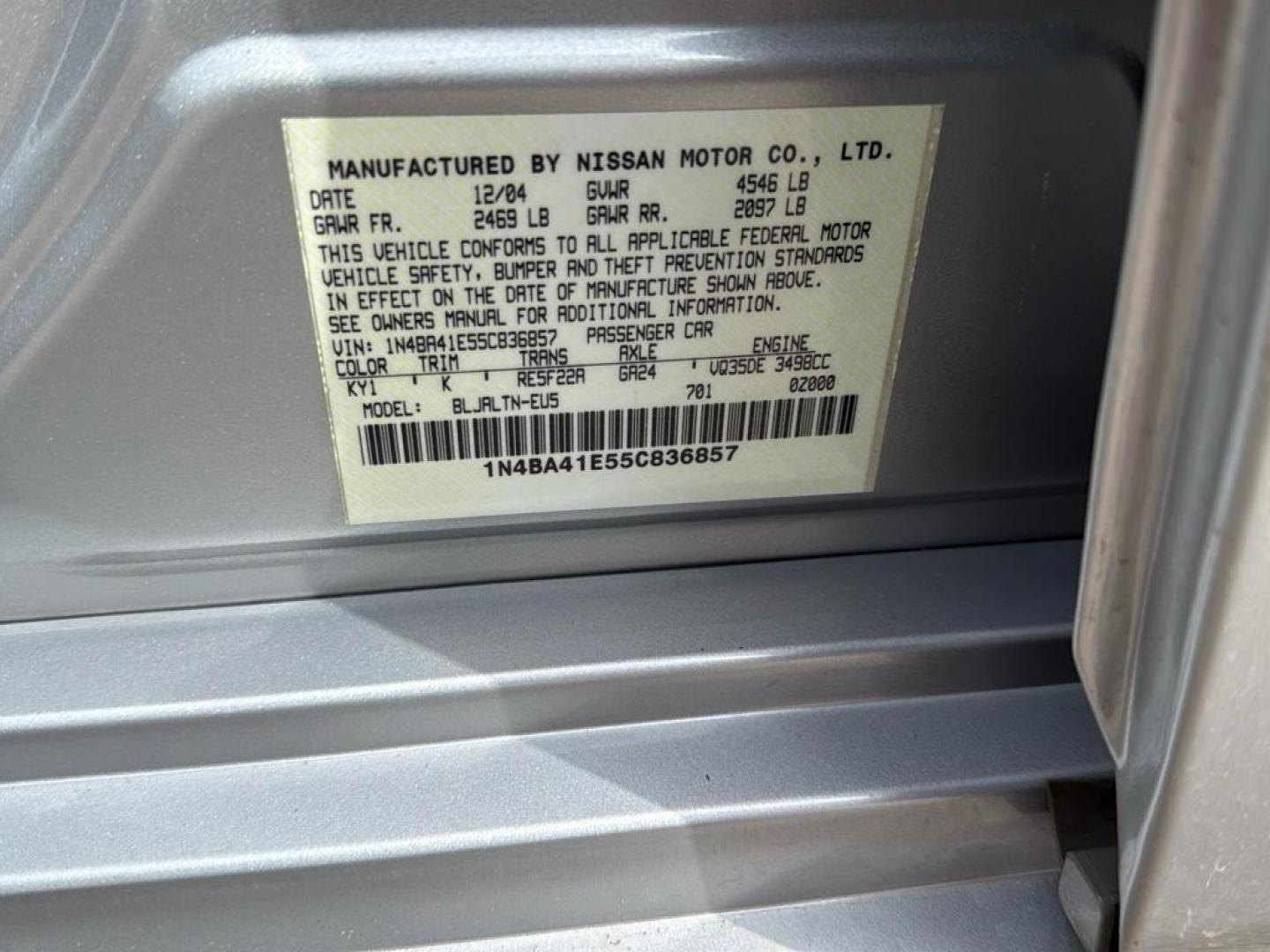 2005 SILVER Nissan Maxima SE (1N4BA41E55C) with an V6, 3.5L engine, Automatic transmission, located at 10890 W. Colfax Ave., Lakewood, CO, 80215, (303) 274-7692, 39.739914, -105.120132 - Photo#22